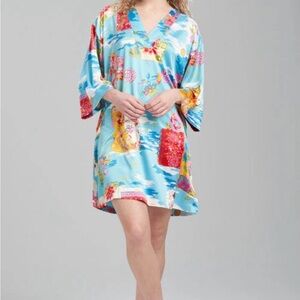 Natori Kimono-Style Flowy Satin Dress Loungewear Women’s sz Large Asian Print